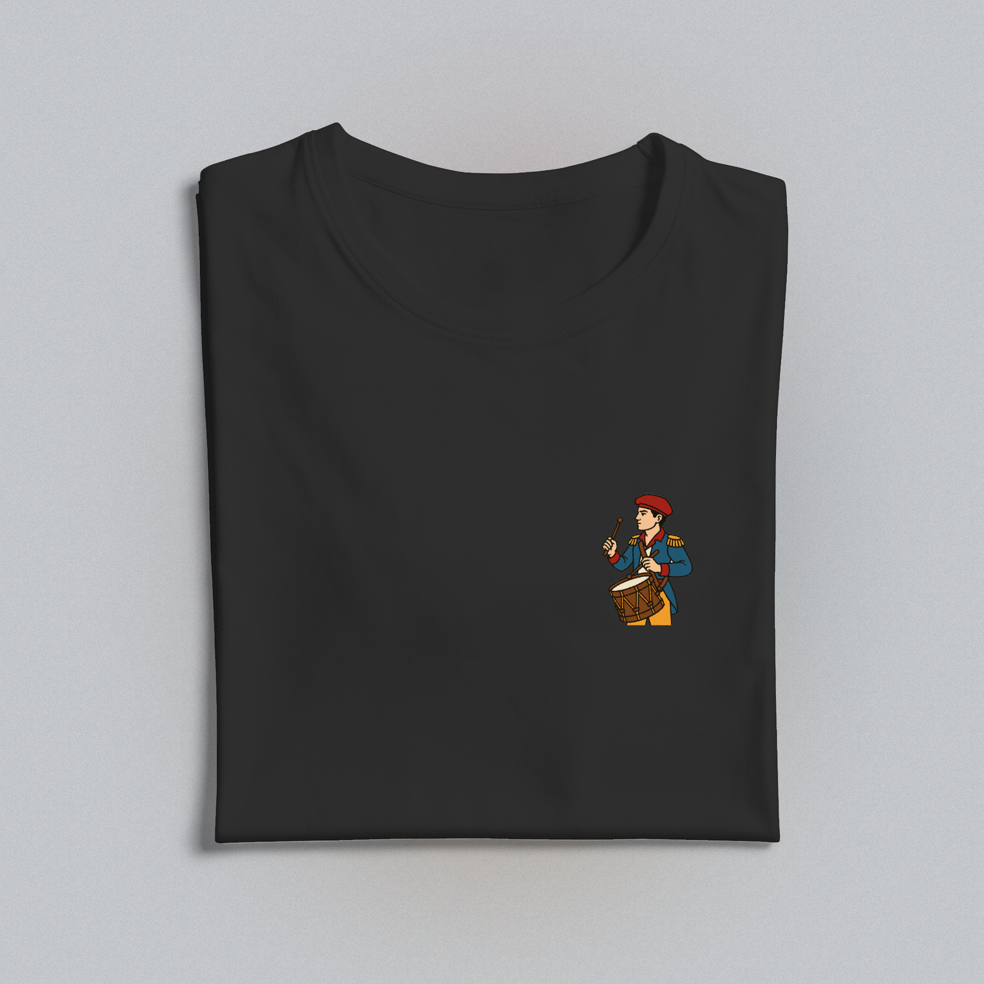 black t-shirt with drummer